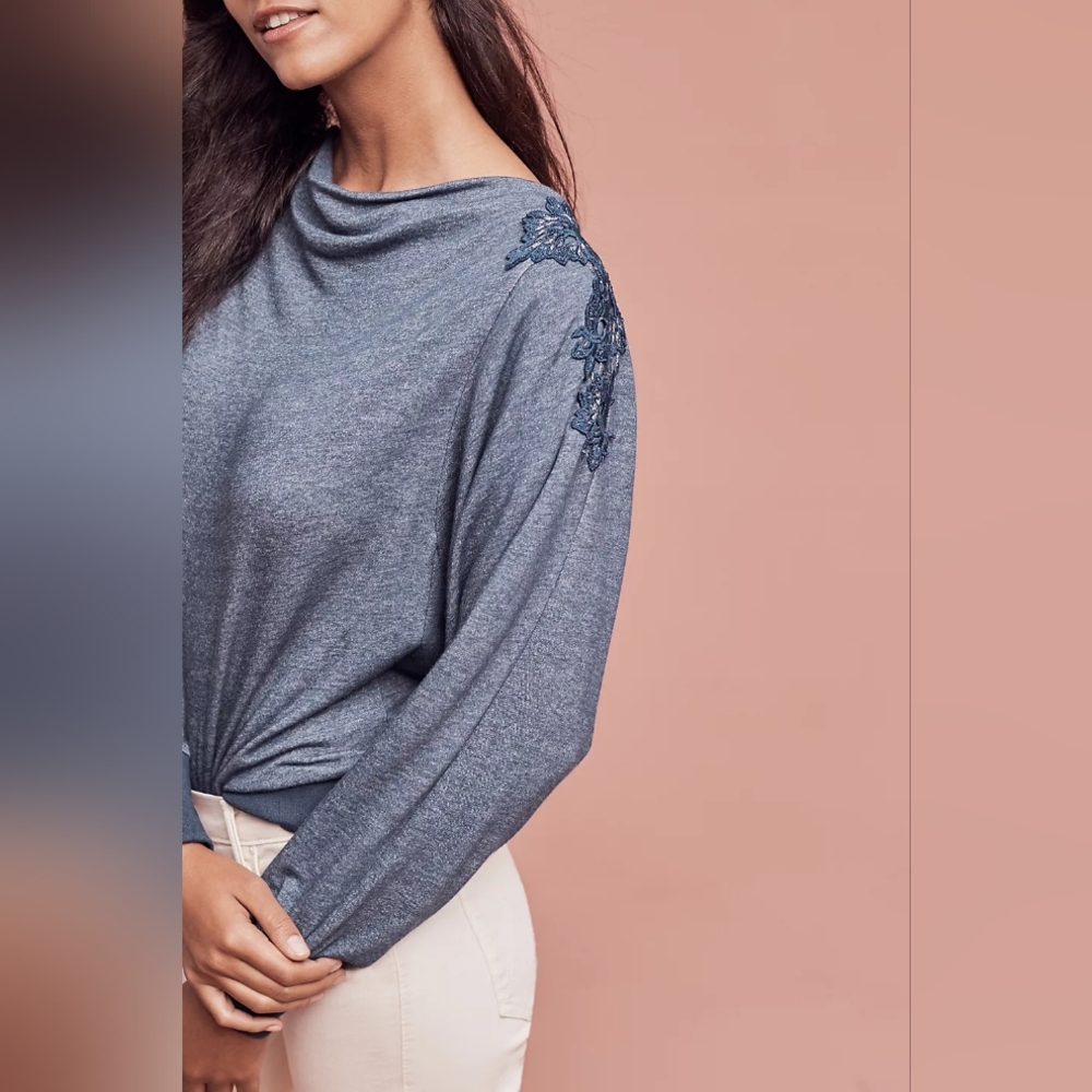 💘 ANTHRO Meadow Rue Bria Teal Lace-Back Sweatshirt - Picture 3 of 8
